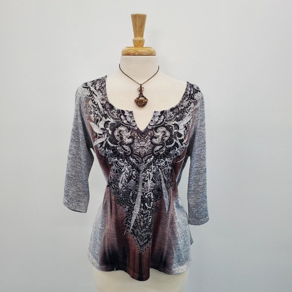 World Unity Womens 3/4 Sleeve Split Neck Printed Top Size 0X Gray Brown Black